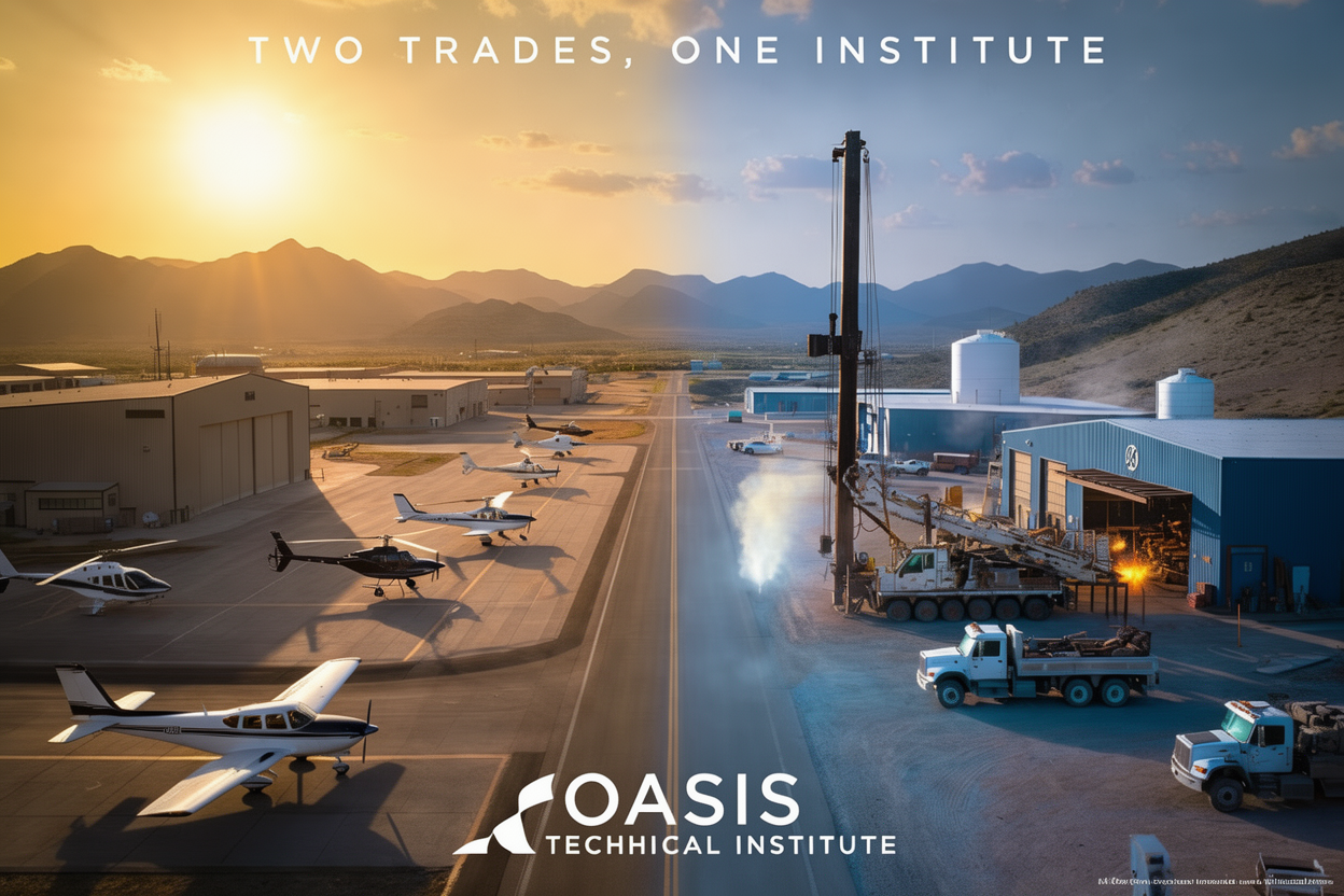 The Oasis Technical Institute campus at sunrise: an aviation flight line with training aircraft and helicopters on the left, a trades yard with a drilling rig and service trucks on the right, split by a central road beneath the banner 'Two Trades, One Institute'.