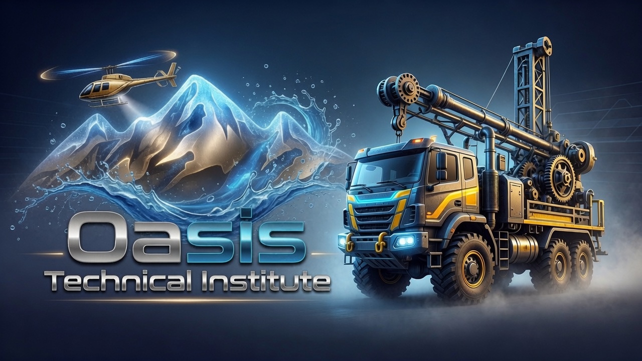 Oasis Technical Institute — a helicopter over mountains and a well-drilling rig truck, either side of the wordmark