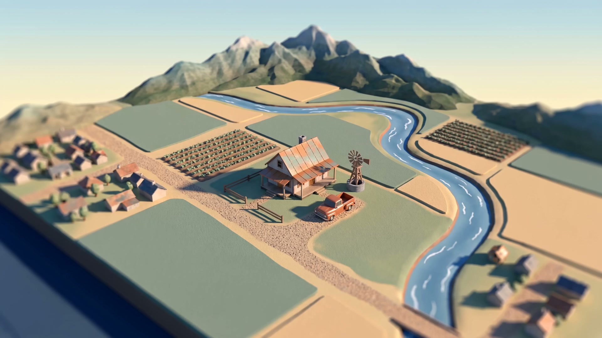 Miniature diorama render of well country with a river