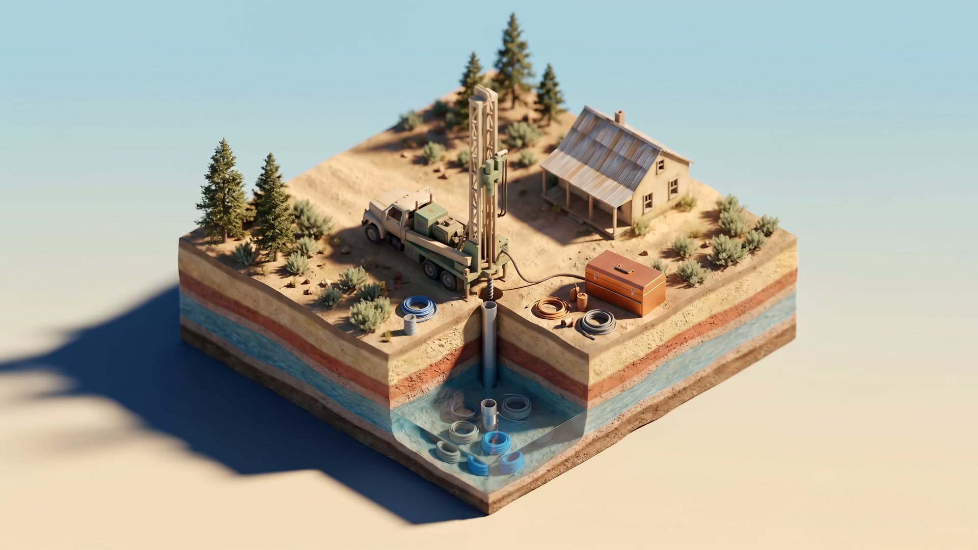 Miniature diorama render of a well site cutaway